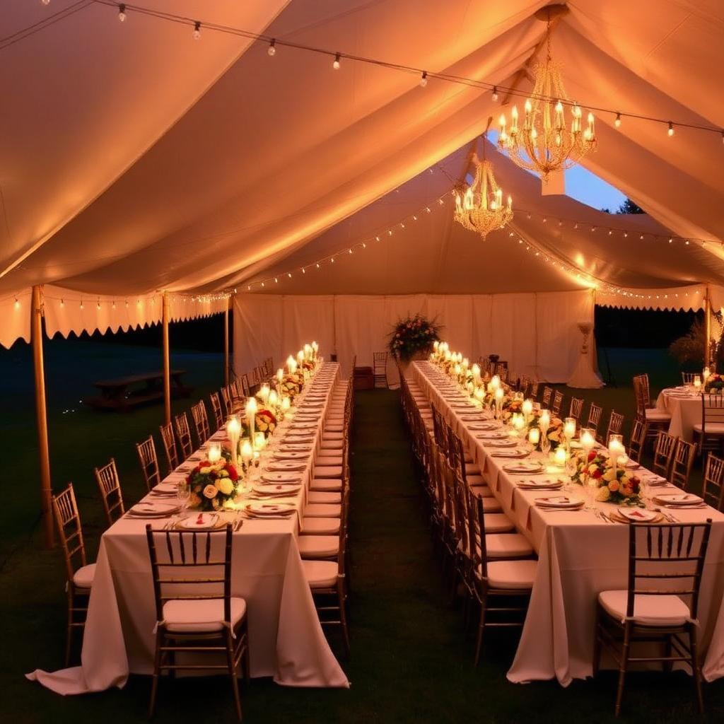 Sailcloth tent reception at dusk with long banquet tables