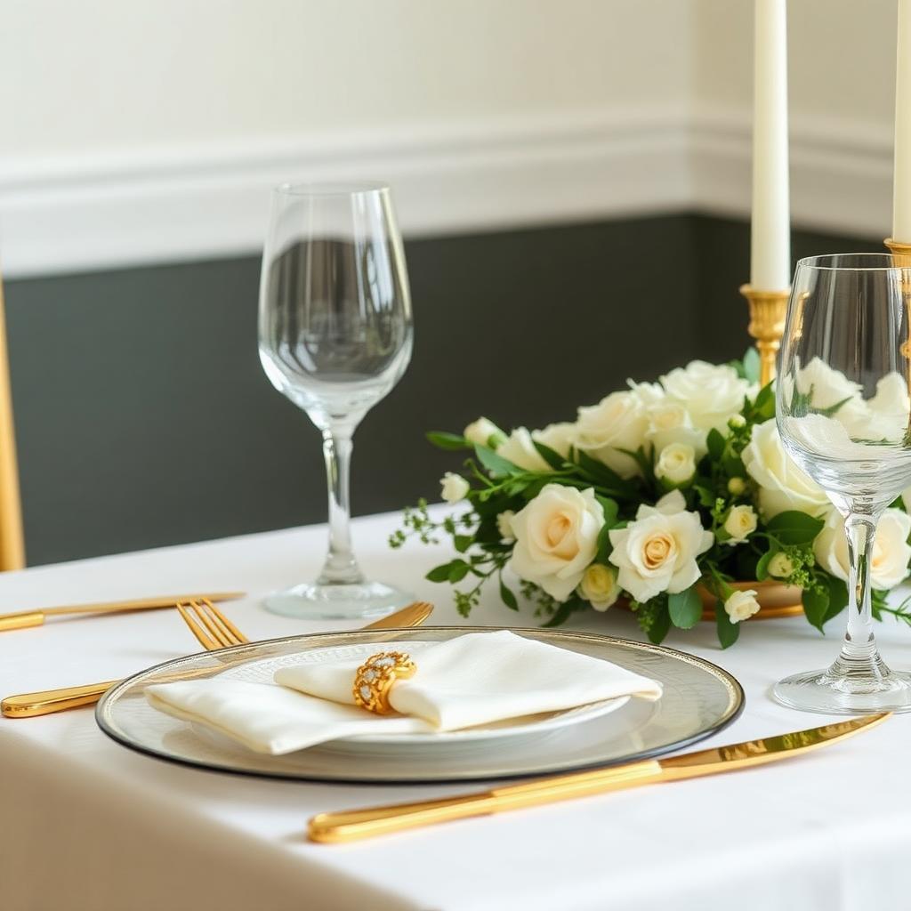 Place setting with china, gold flatware and crystal glassware