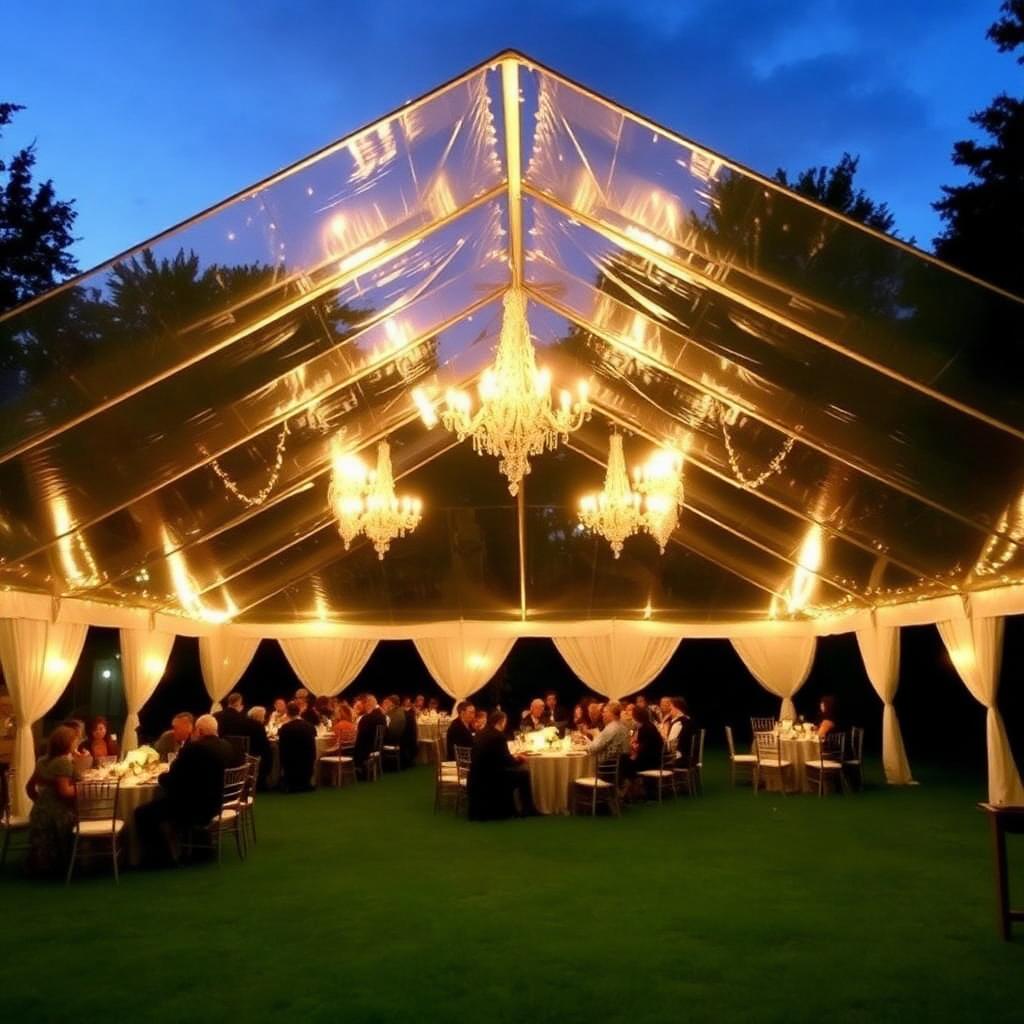 Clear-top tent with chandeliers over an outdoor wedding