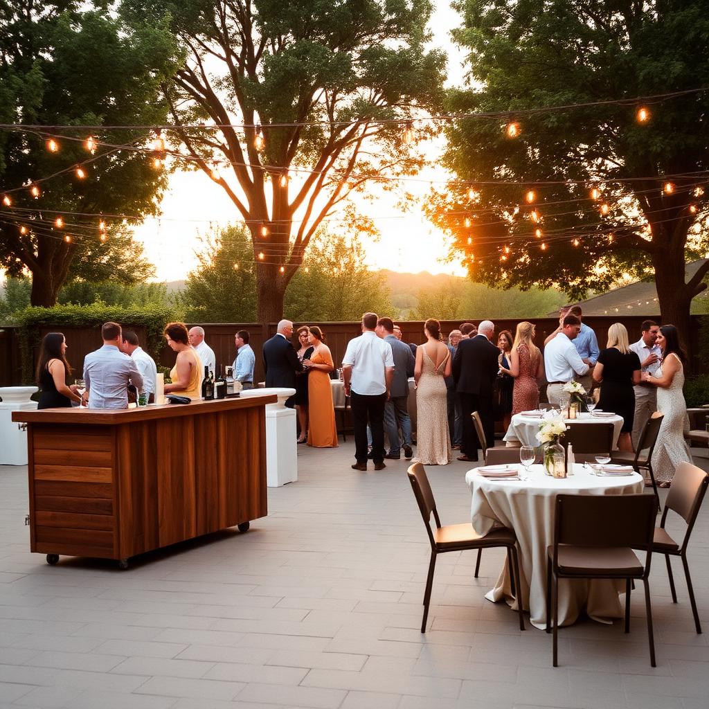Outdoor cocktail hour with wooden bar and bistro lights