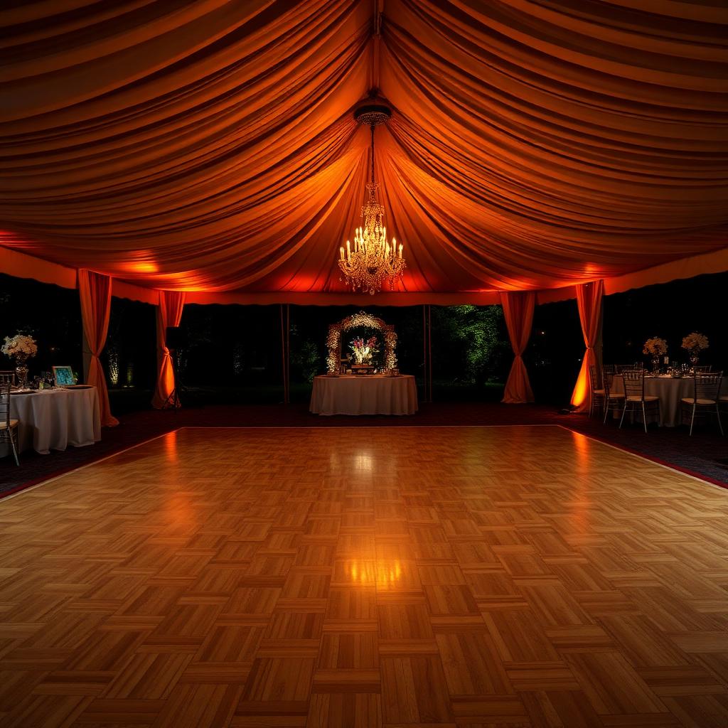 Parquet dance floor under draped tent ceiling