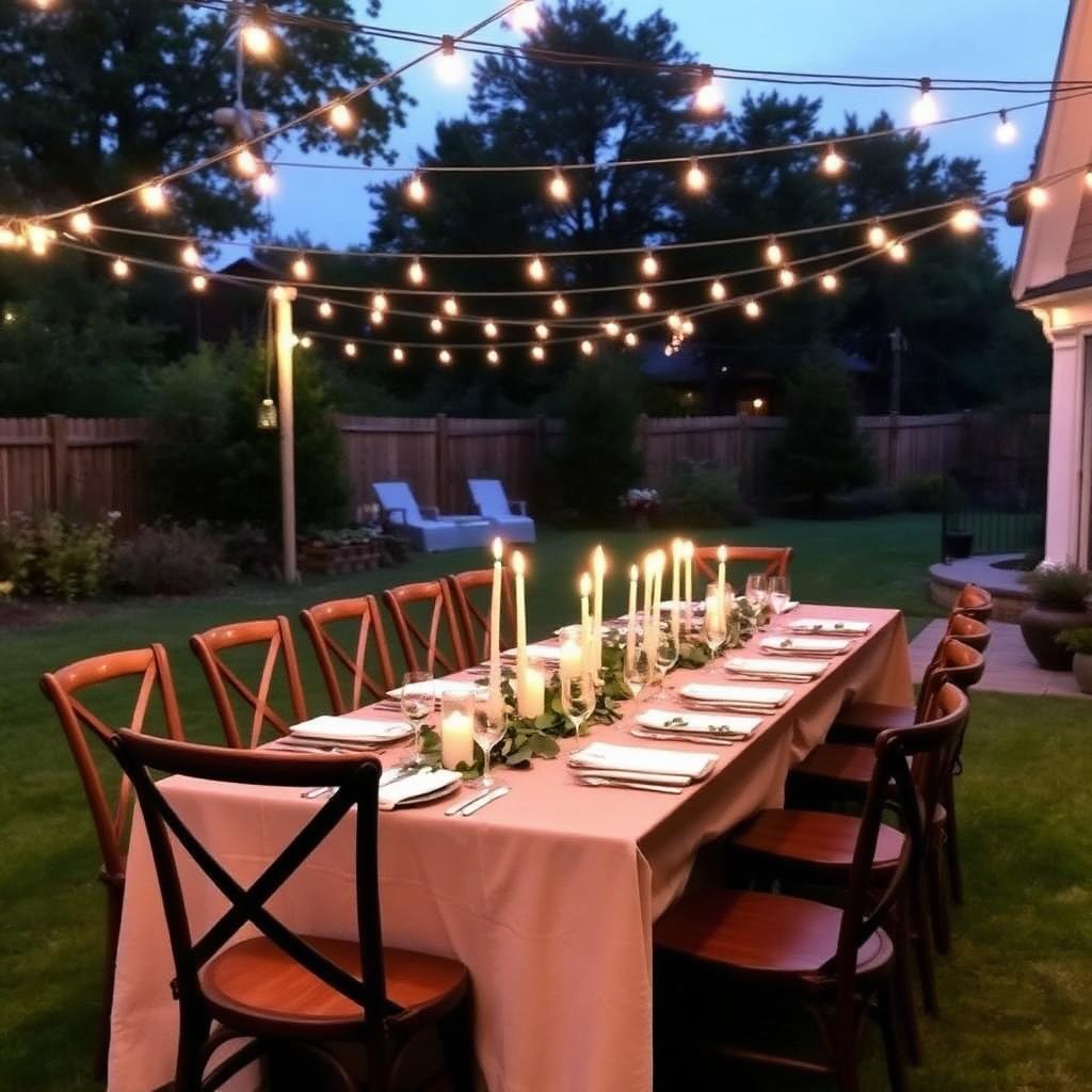 Farm table dinner with cross-back chairs and string lights